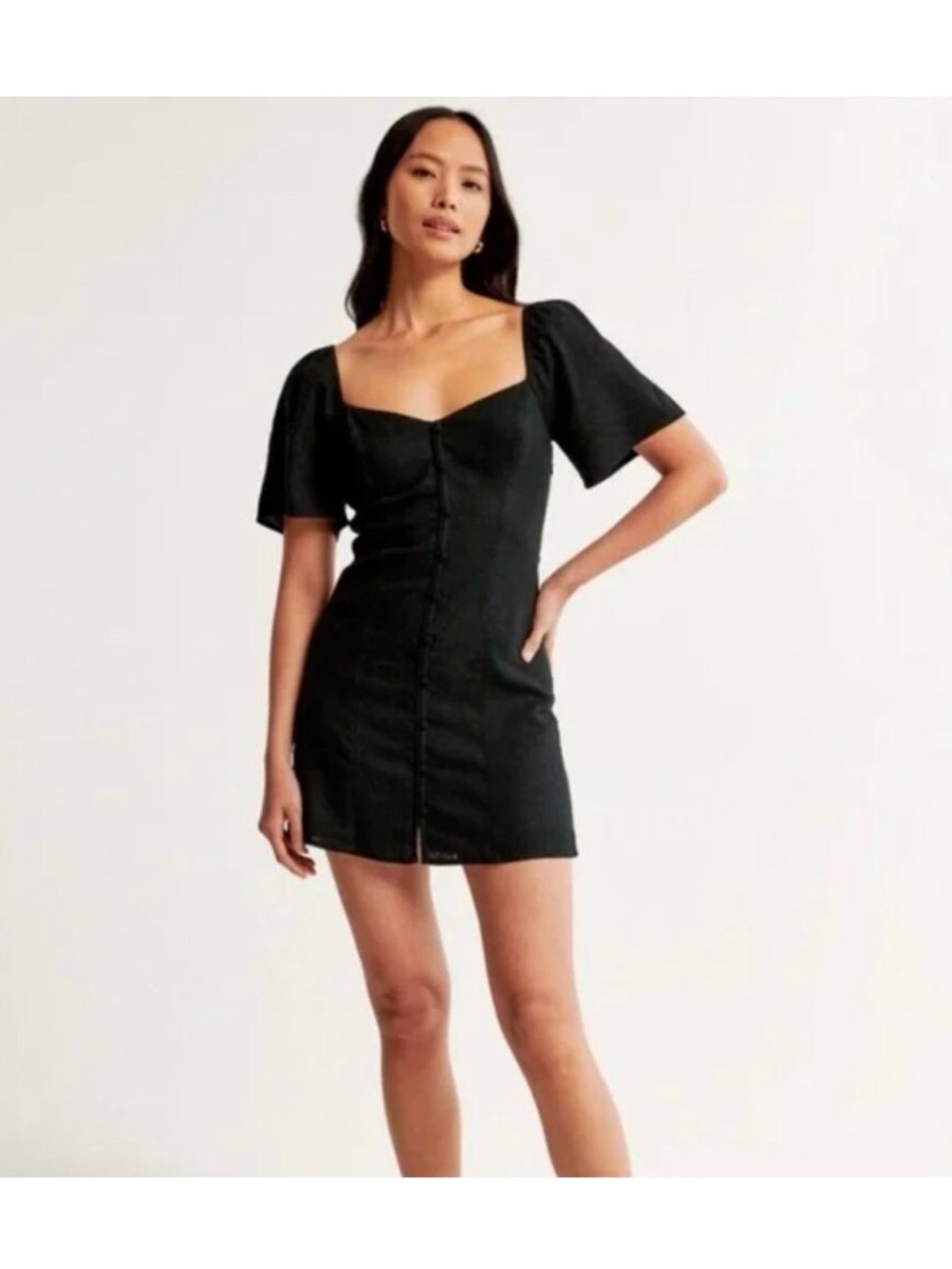 Abercrombie Linen Blend Tie back, button detail in the frontBlack Mini Dress
